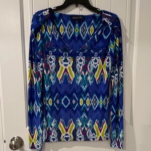 Jones New York Blue Multicolor Patterned Long Sleeve Top